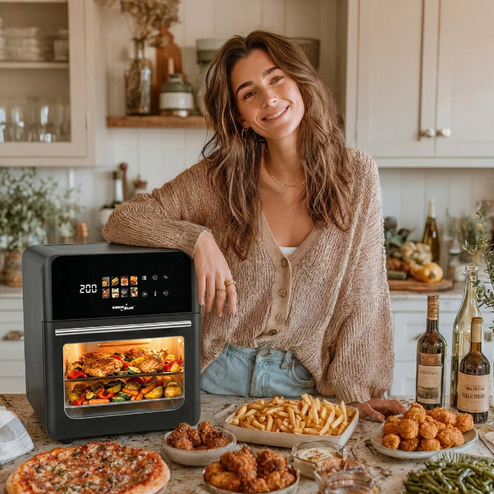 Freidora sin aceite AIR FRYER GreenBlue, potencia de 1800 W, capacidad de 10 l, 8 programas, accesorios, temporizador, GB950