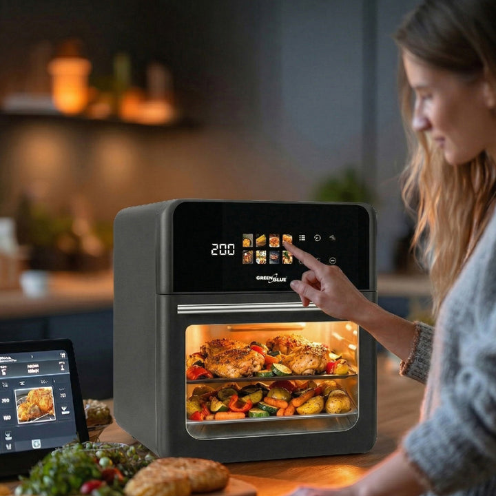 Freidora sin aceite AIR FRYER GreenBlue, potencia de 1800 W, capacidad de 10 l, 8 programas, accesorios, temporizador, GB950