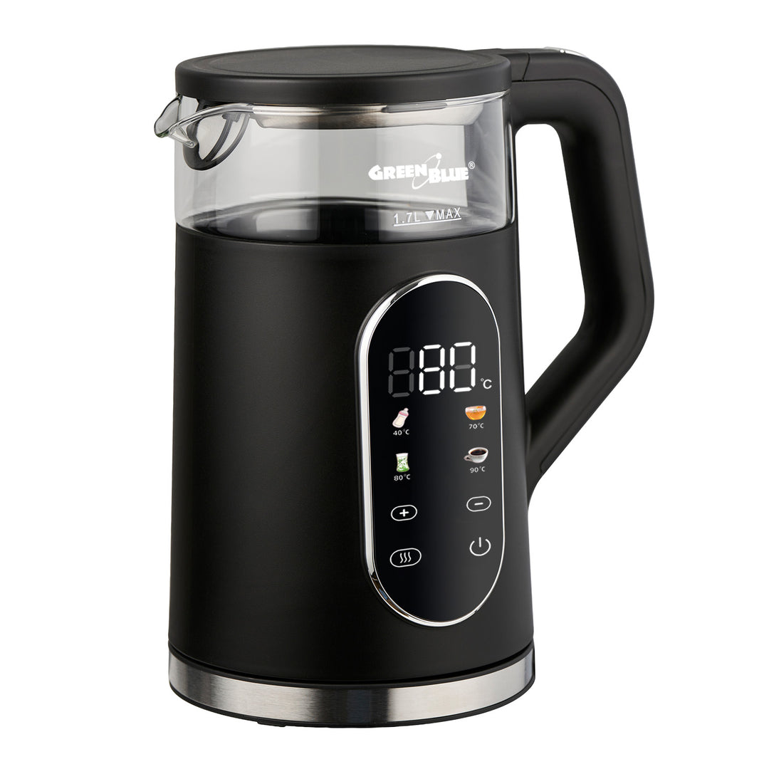 Hervidor eléctrico inalámbrico GreenBlue, capacidad de 1,7 l, depósito de agua de cristal, pantalla clara, selección de temperatura, 2200 W, GB670 B