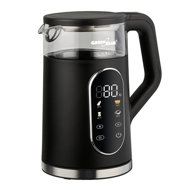 Hervidor eléctrico inalámbrico GreenBlue, capacidad de 1,7 l, depósito de agua de cristal, pantalla clara, selección de temperatura, 2200 W, GB670 B