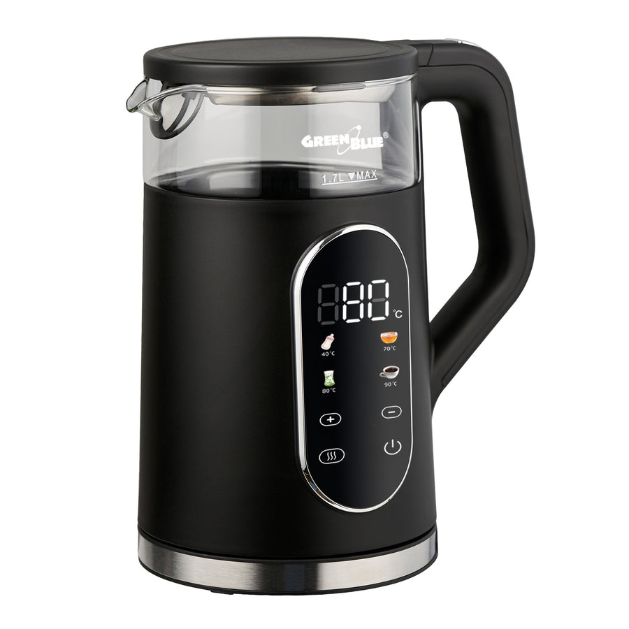 Hervidor eléctrico inalámbrico GreenBlue, capacidad de 1,7 l, depósito de agua de cristal, pantalla clara, selección de temperatura, 2200 W, GB670 B