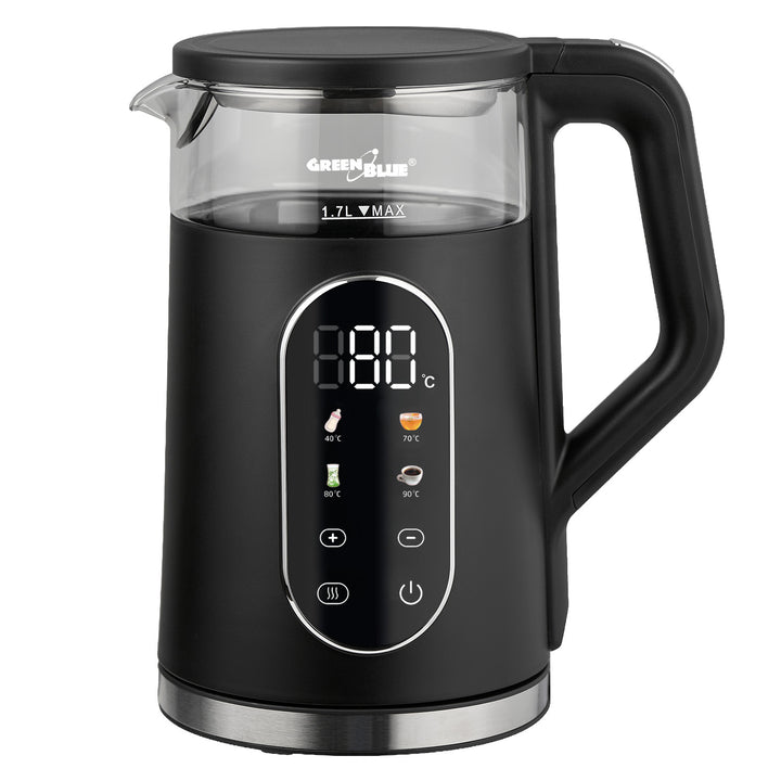 Hervidor eléctrico inalámbrico GreenBlue, capacidad de 1,7 l, depósito de agua de cristal, pantalla clara, selección de temperatura, 2200 W, GB670 B