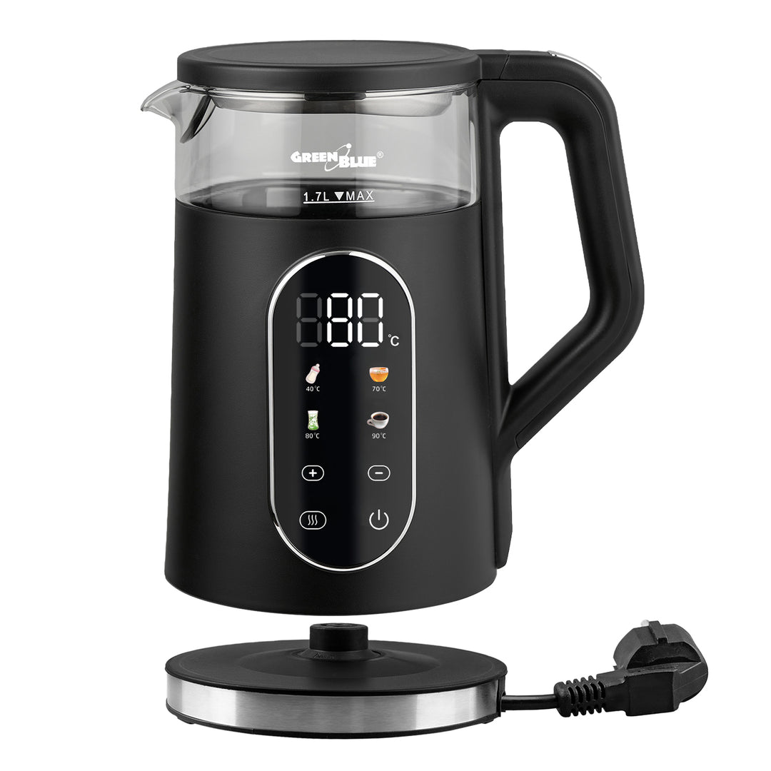 Hervidor eléctrico inalámbrico GreenBlue, capacidad de 1,7 l, depósito de agua de cristal, pantalla clara, selección de temperatura, 2200 W, GB670 B