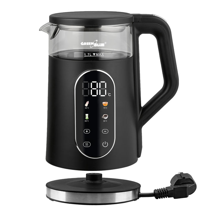 Hervidor eléctrico inalámbrico GreenBlue, capacidad de 1,7 l, depósito de agua de cristal, pantalla clara, selección de temperatura, 2200 W, GB670 B