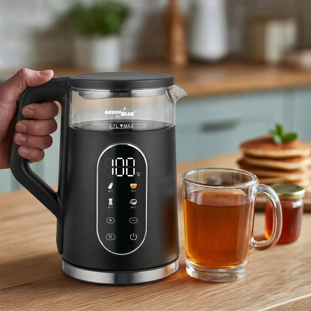 Hervidor eléctrico inalámbrico GreenBlue, capacidad de 1,7 l, depósito de agua de cristal, pantalla clara, selección de temperatura, 2200 W, GB670 B