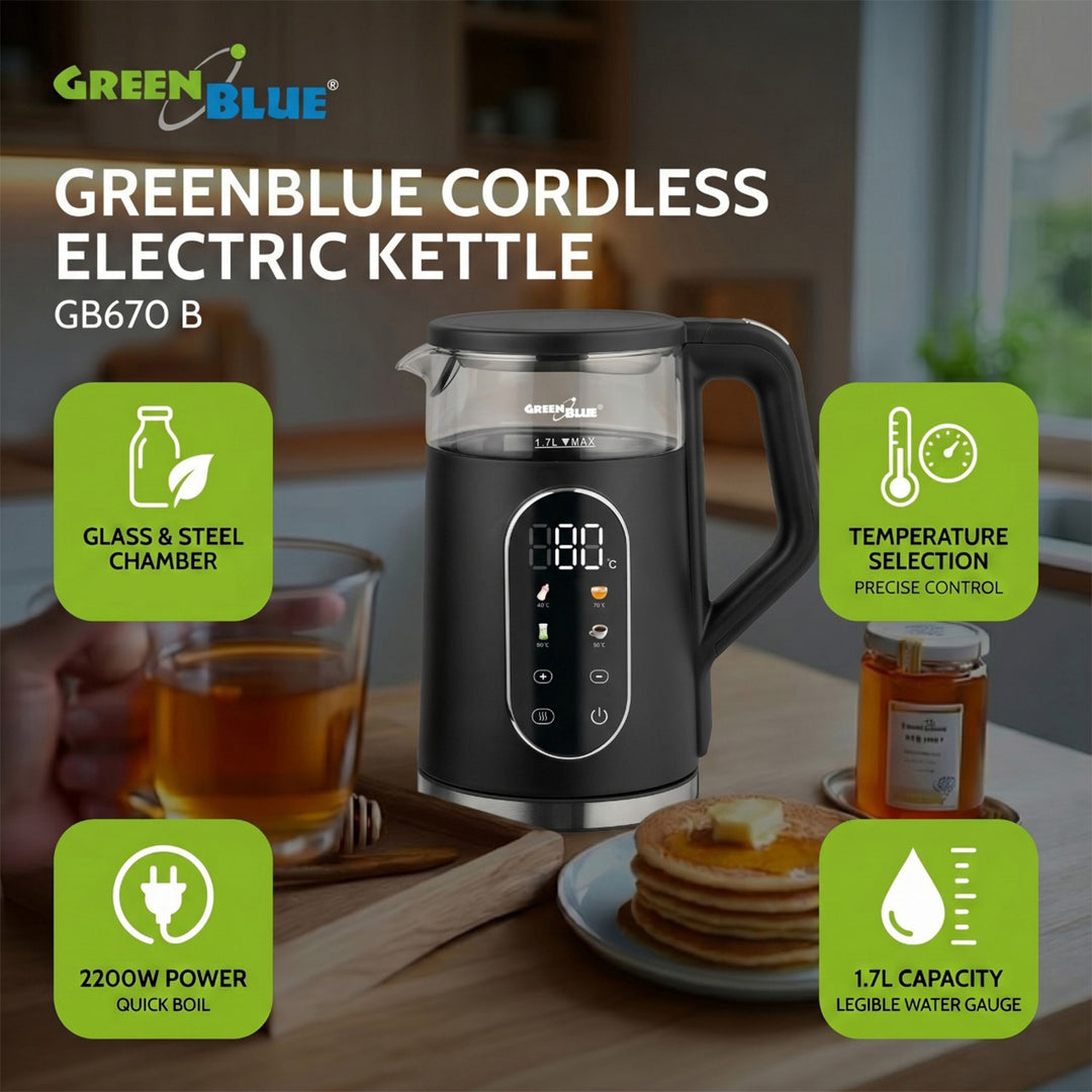 Hervidor eléctrico inalámbrico GreenBlue, capacidad de 1,7 l, depósito de agua de cristal, pantalla clara, selección de temperatura, 2200 W, GB670 B