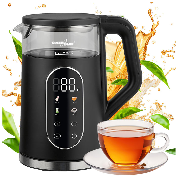 Hervidor eléctrico inalámbrico GreenBlue, capacidad de 1,7 l, depósito de agua de cristal, pantalla clara, selección de temperatura, 2200 W, GB670 B