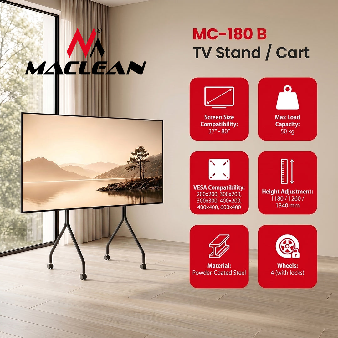 Soporte / carrito para TV Maclean, con ruedas, 37-80", carga máxima 50 kg, VESA máximo 600x400, negro, MC-180 B