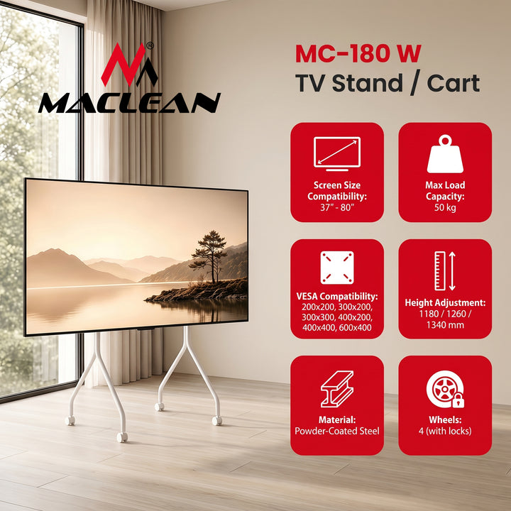 Soporte / carrito para TV Maclean, con ruedas, 37-80", carga máxima 50 kg, VESA máximo 600x400, blanco, MC-180 W