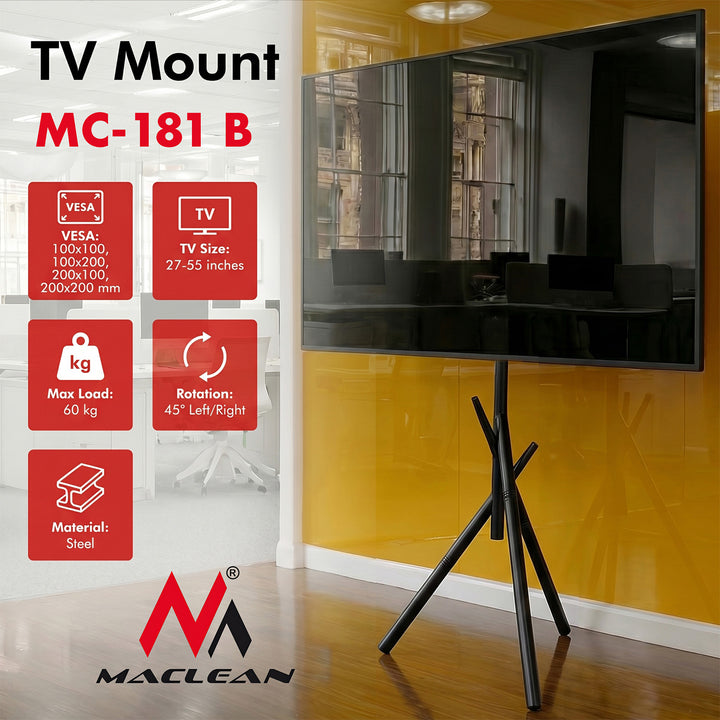 Soporte de suelo para televisor Maclean, 27-55", VESA máx. 200x200, máx. 60 kg, MC-181 B
