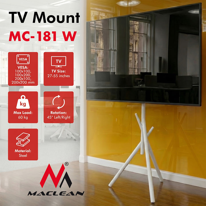 Soporte de suelo para televisor Maclean, 27-55", VESA máx. 200x200, máx. 60 kg, MC-181 W