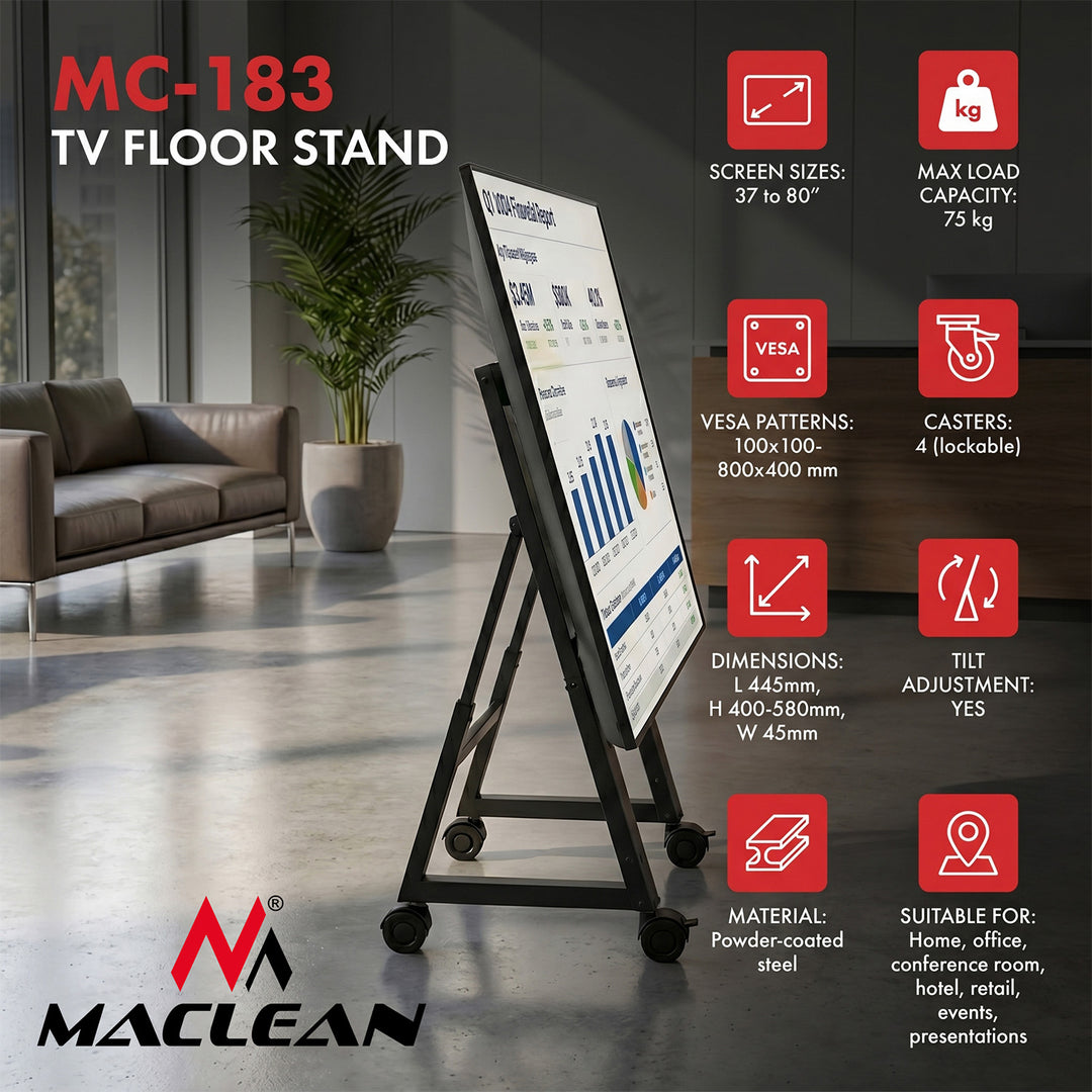 Carrito / soporte de suelo para TV Maclean, 37-80", VESA máx. 800x400, máx. 75 kg, móvil, bloqueo de ruedas, MC-183