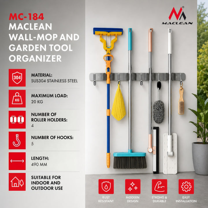 Organizador de pared para herramientas de jardín y fregonas Maclean, de acero, con ganchos, carga máxima de 20 kg, 49 cm de ancho, MC-184