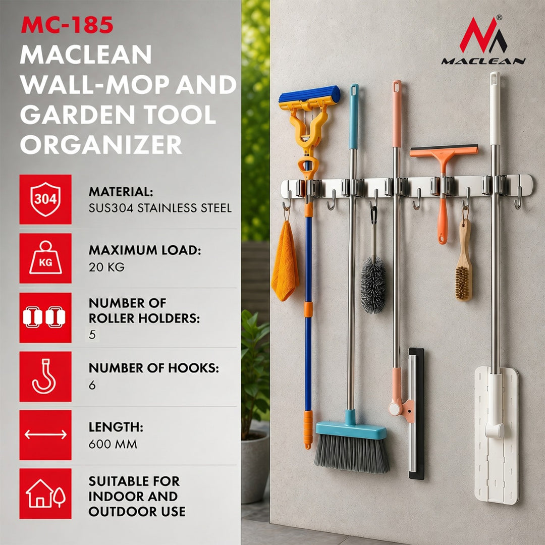 Organizador de pared para herramientas de jardín y fregonas Maclean, de acero, con ganchos, carga máxima de 20 kg, 60 cm de ancho, MC-185