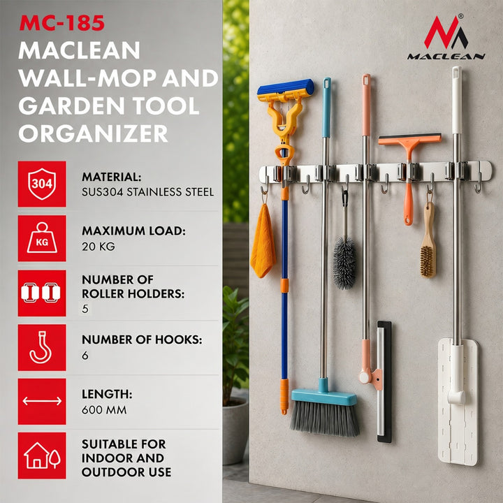 Organizador de pared para herramientas de jardín y fregonas Maclean, de acero, con ganchos, carga máxima de 20 kg, 60 cm de ancho, MC-185