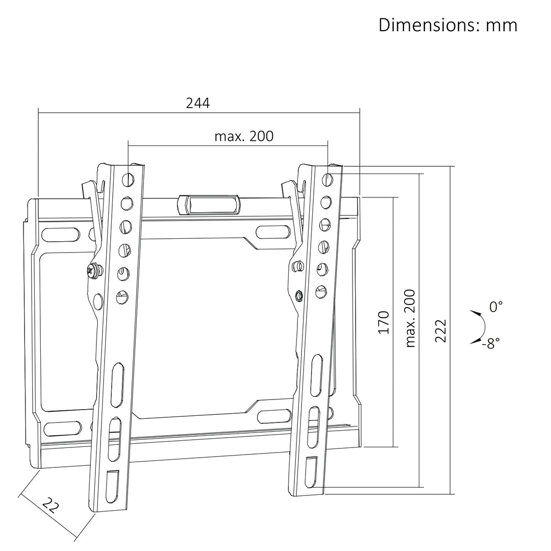 Soporte / colgador para TV Maclean, VESA máx. 200x200, 13-43", hasta 45 kg, negro, ajuste de inclinación 0°~-8°, MC-186