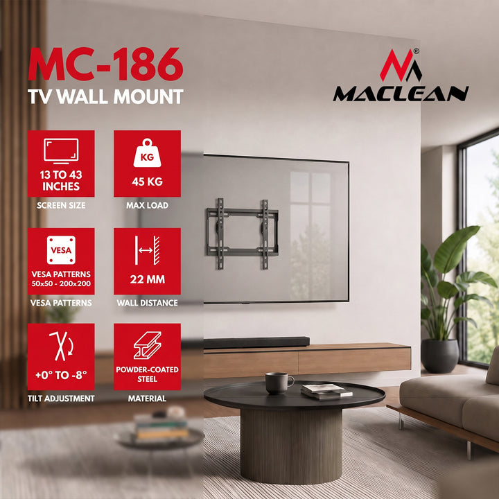 Soporte / colgador para TV Maclean, VESA máx. 200x200, 13-43", hasta 45 kg, negro, ajuste de inclinación 0°~-8°, MC-186