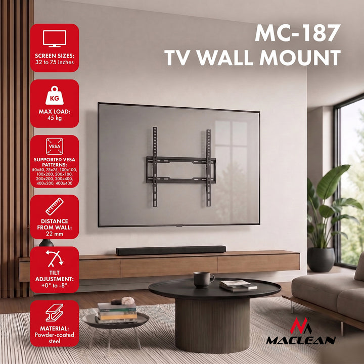 Soporte / colgador para TV Maclean, VESA máx. 400x400, 32-75", hasta 45 kg, negro, ajuste de inclinación 0°~-8°, MC-187