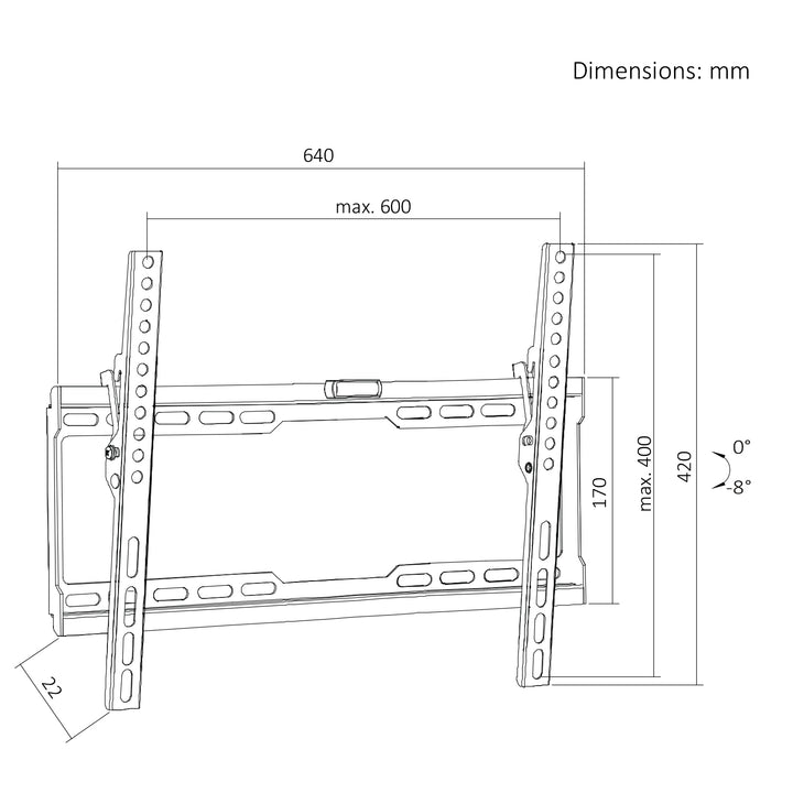Soporte / colgador para TV Maclean, VESA máx. 600x400, 37-86", hasta 45 kg, negro, ajuste de inclinación 0°~-8°, MC-188