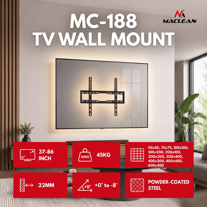 Soporte / colgador para TV Maclean, VESA máx. 600x400, 37-86", hasta 45 kg, negro, ajuste de inclinación 0°~-8°, MC-188
