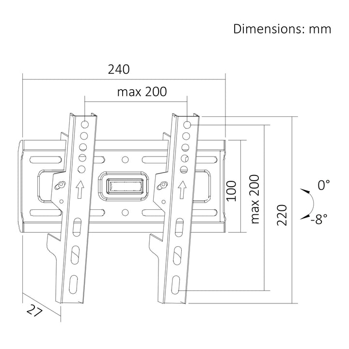 Soporte / colgador para TV Maclean, VESA máx. 200x200, 13-43", hasta 45 kg, negro, inclinación ajustable de +2° a -10°, MC-189