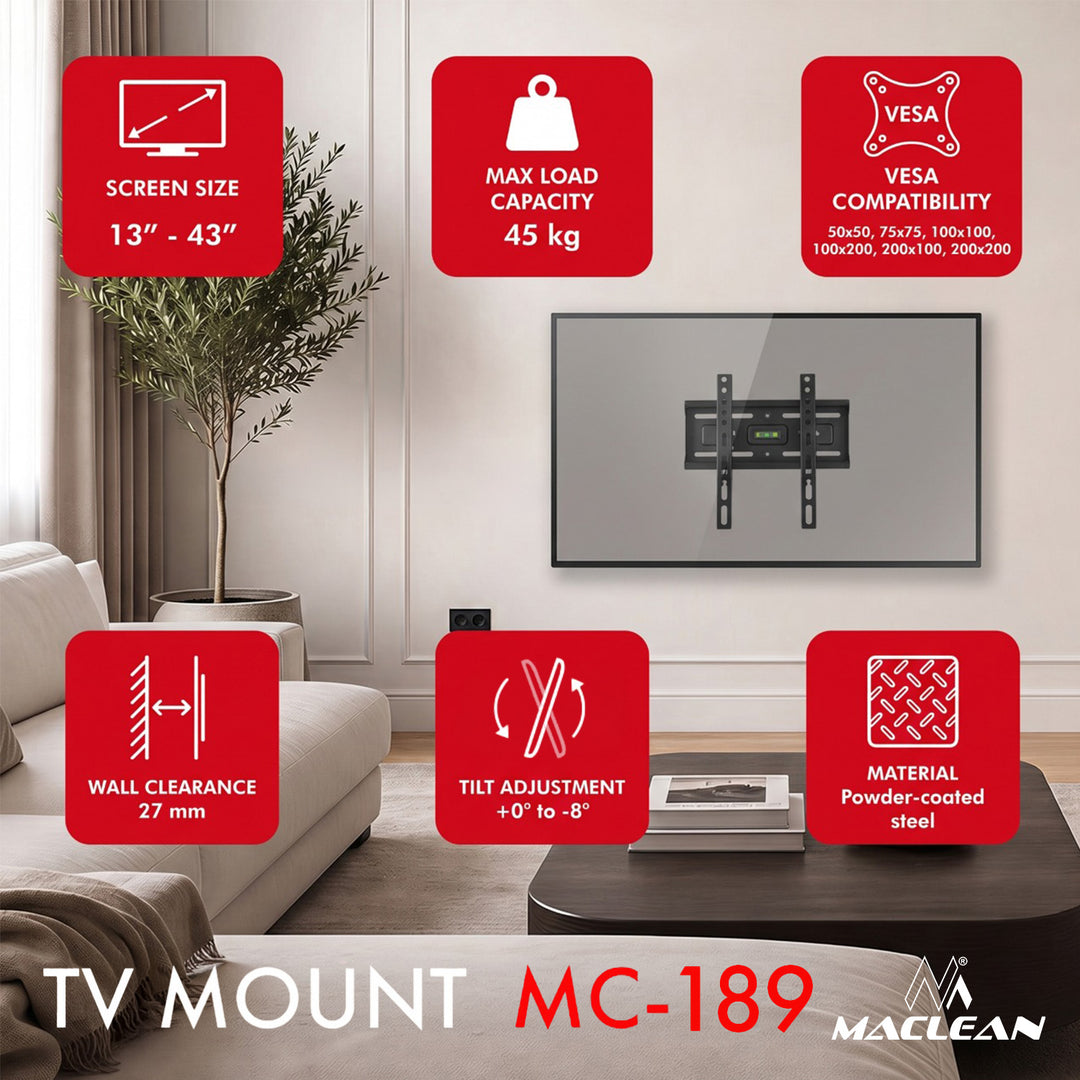 Soporte / colgador para TV Maclean, VESA máx. 200x200, 13-43", hasta 45 kg, negro, inclinación ajustable de +2° a -10°, MC-189