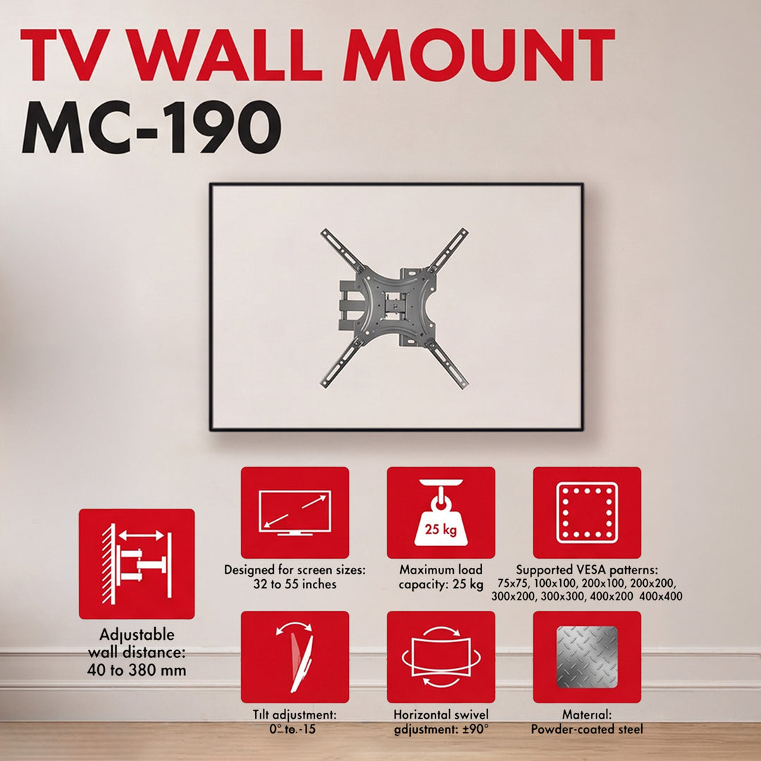 Soporte / colgador para TV Maclean, VESA máx. 400x400, 32-55", hasta 25 kg, negro, ajuste de inclinación 0°~-15° y giro +90°~-90°, MC-190