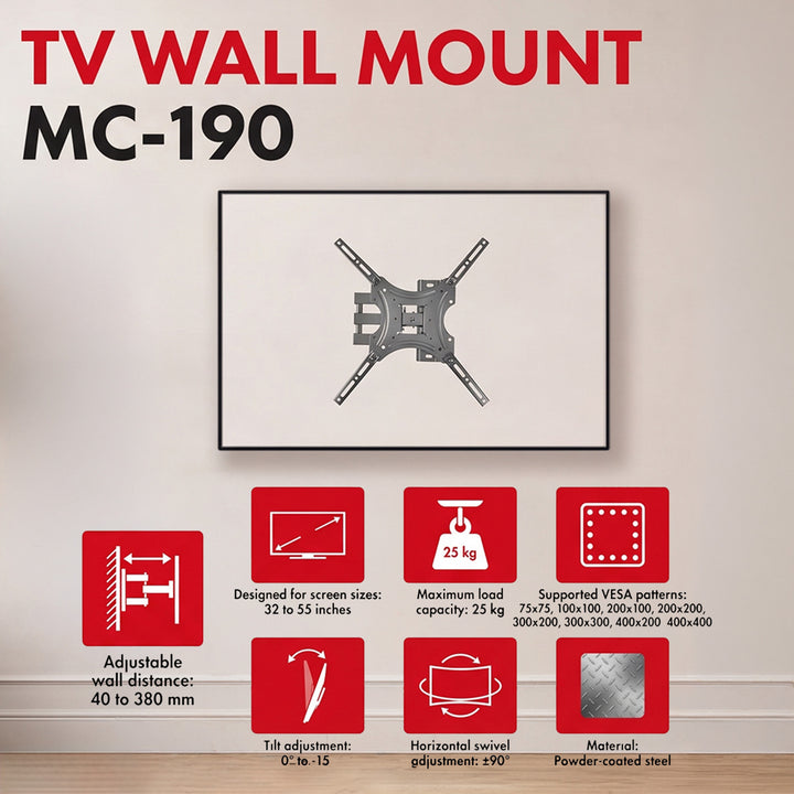 Soporte / colgador para TV Maclean, VESA máx. 400x400, 32-55", hasta 25 kg, negro, ajuste de inclinación 0°~-15° y giro +90°~-90°, MC-190