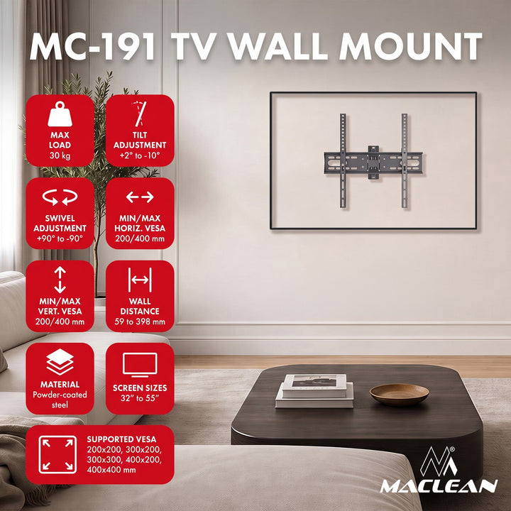 Soporte / colgador para TV Maclean, VESA máximo 400x400, 32-55", hasta 30 kg, negro, ajuste de inclinación +2°~-10° y giro +90°~-90°, MC-191