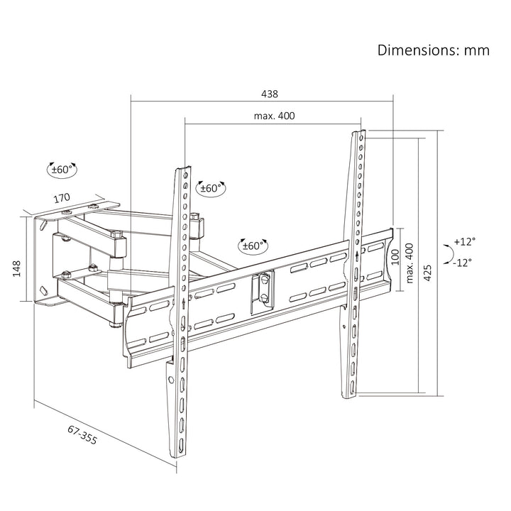 Soporte / colgador para TV Maclean, VESA máx. 400x400, 32-70", hasta 40 kg, negro, ajuste de inclinación +12°~-12° y giro +60°~-60°, MC-192