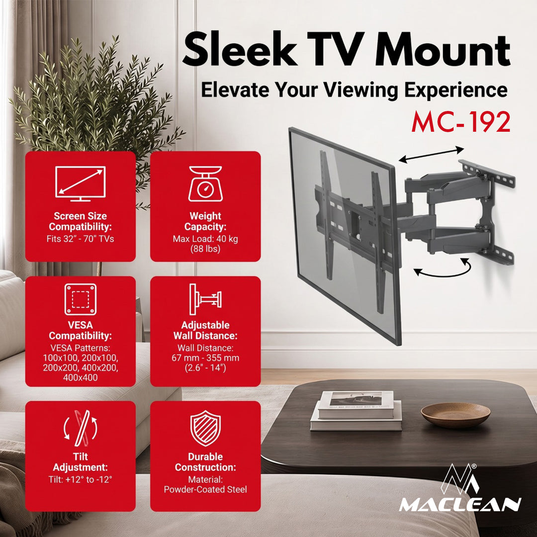 Soporte / colgador para TV Maclean, VESA máx. 400x400, 32-70", hasta 40 kg, negro, ajuste de inclinación +12°~-12° y giro +60°~-60°, MC-192