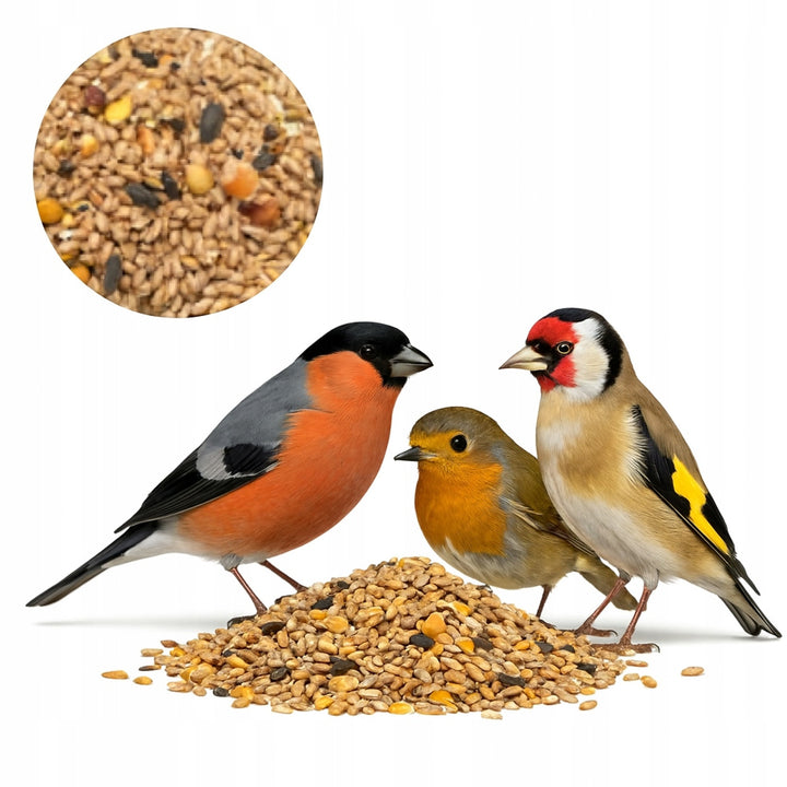 Comedero para pájaros Woodok, madera de abeto, cocido, ganchos resistentes + alpiste 1kg