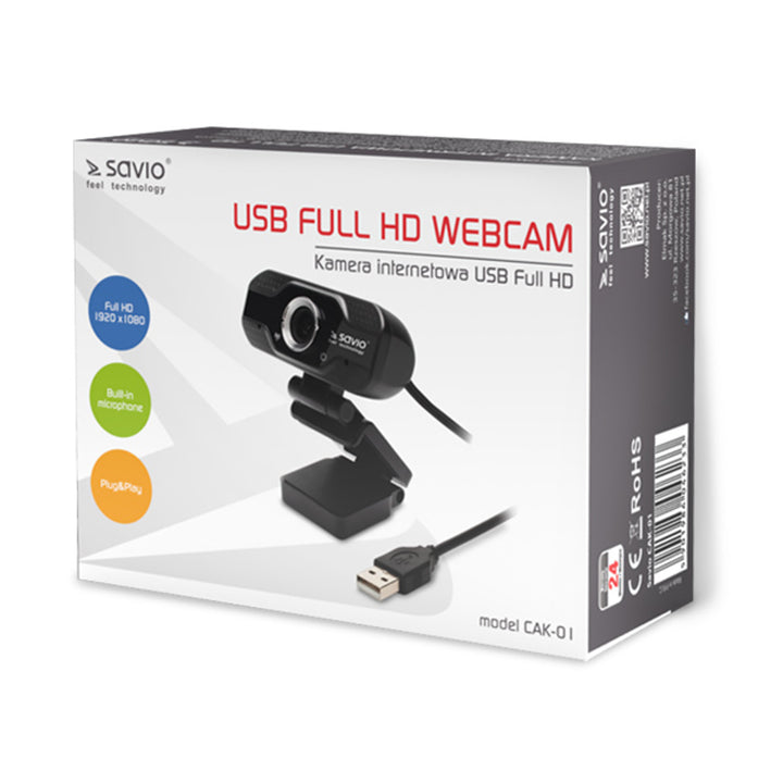Savio webcam, resolución Full HD 1920x1080, micrófono, USB, SAVCAK-01