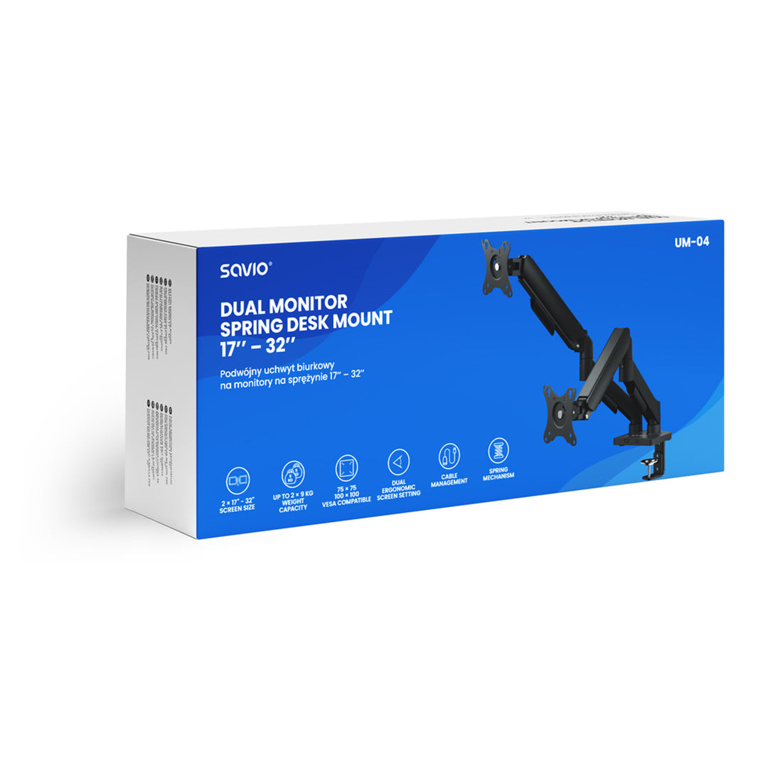 Soporte de escritorio para monitor doble Savio, 17-32'', 9 kg de carga por monitor, VESA, mecanismo de resorte, negro, SAVUM-04