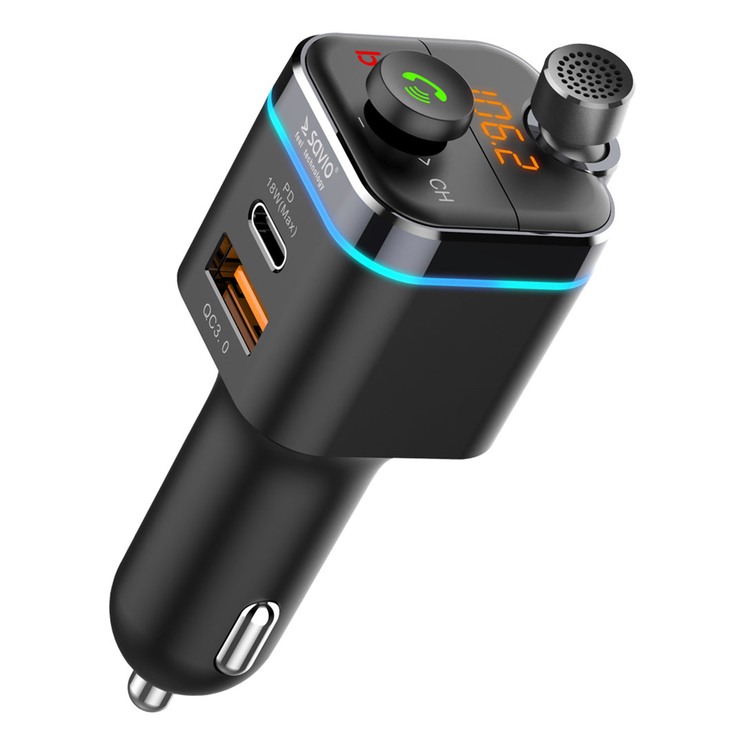 Transmisor para coche Savio MP3, Bluetooth 5.0, función de carga, negro, SAVFMTRANSTR-12
