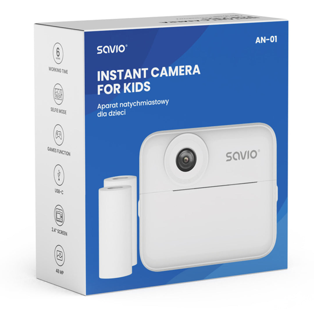 Cámara instantánea para niños Savio, 48MP de resolución, pantalla de 2,4'', 2 rollos térmicos, SAVAN-01
