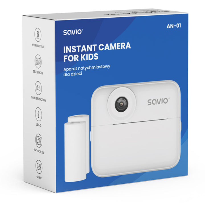 Cámara instantánea para niños Savio, 48MP de resolución, pantalla de 2,4'', 2 rollos térmicos, SAVAN-01