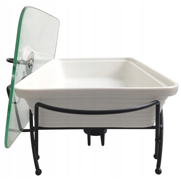 Calientaplatos de cerámica Maestro, rectangular, blanco, capacidad 1,7L, puede usarse en el horno, rejilla y tapa con asa incluidas, MR-11362-73