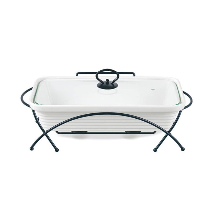 Calientaplatos de cerámica Maestro, rectangular, blanco, capacidad 1,7L, puede usarse en el horno, rejilla y tapa con asa incluidas, MR-11362-73