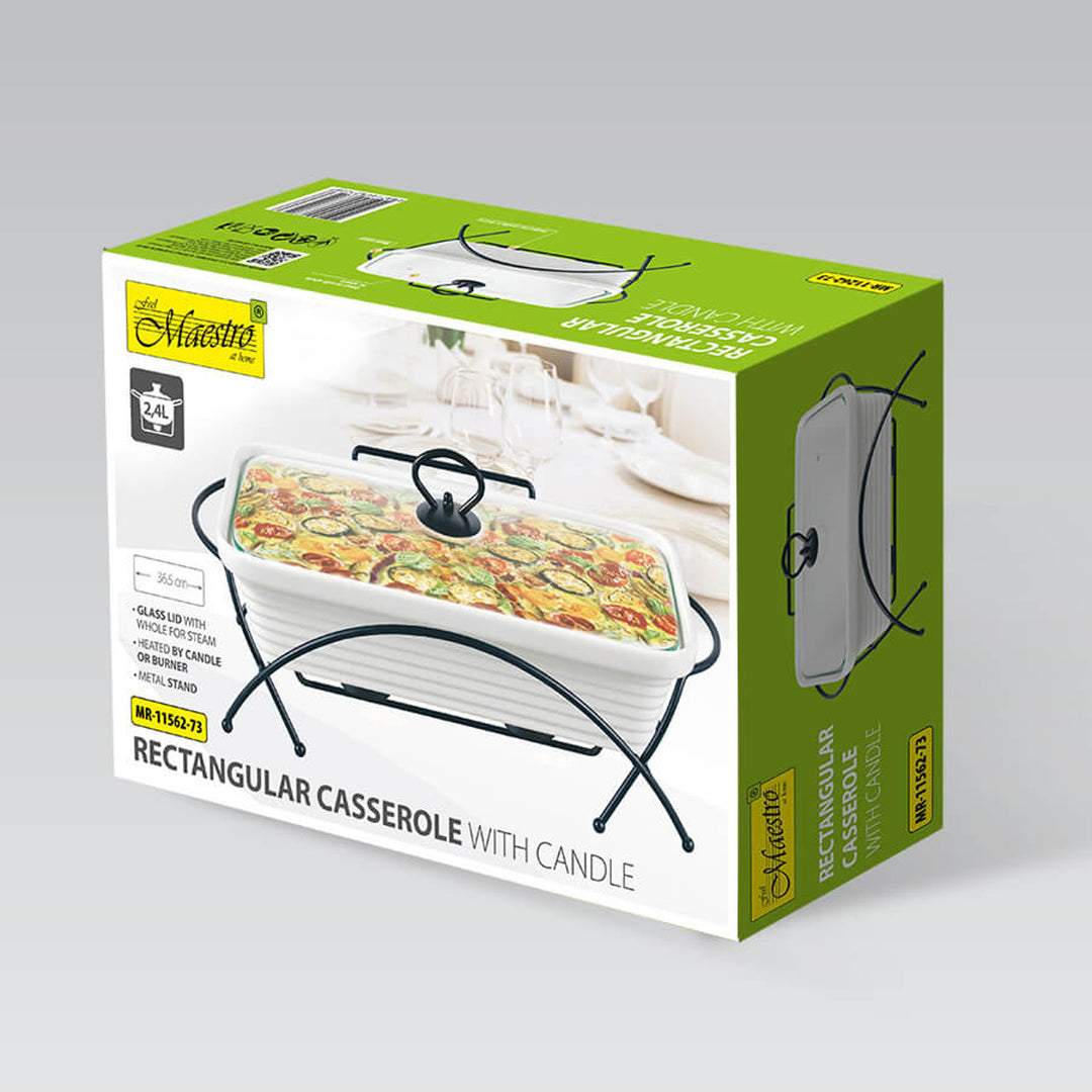 Calientaplatos de cerámica Maestro, rectangular, blanco, capacidad 2,4L, puede utilizarse en el horno, rejilla y tapa con asa incluidas, MR-11562-73