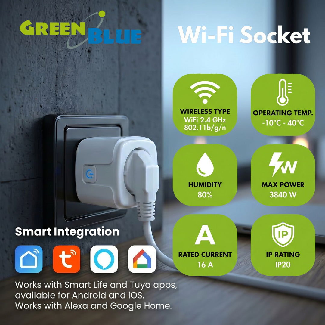 Enchufe WiFi GreenBlue con control remoto, compatible con Android/iOS/Alexa/Google Home, temporizador, medidor de potencia, máx. 16 A/3840 W, GB735 W