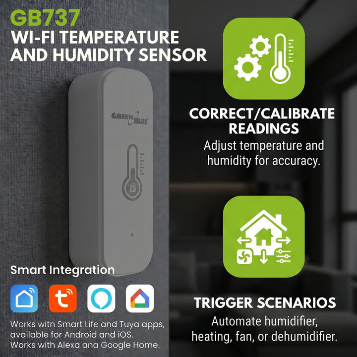 Sensor de temperatura y humedad WiFi GreenBlue, compatible con Android/iOS/Alexa/Google Home, 3,0 V CC, LR03 x 2, GB737