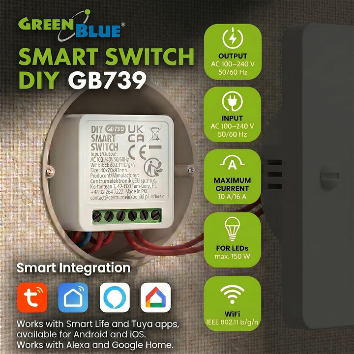 Relé WiFi empotrable GreenBlue, compatible con Android/iOS/Alexa/Google Home, 100-240 V CA, 50/60 Hz, máx. 16 A, para LED de 150 W, GB739