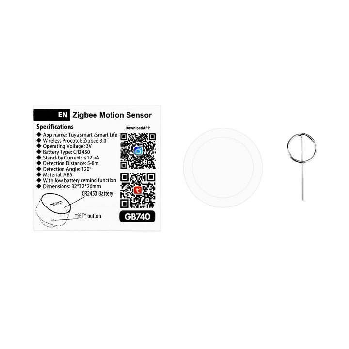 Sensor de movimiento inalámbrico Zigbee Tuya GreenBlue, Android/iOS, CR2450 DC 3,0 V, ángulo de detección de 120° / hasta 8 m, GB740