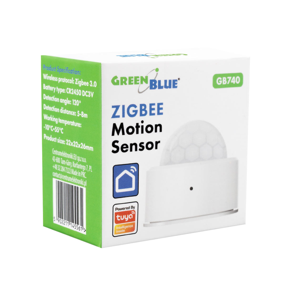 Sensor de movimiento inalámbrico Zigbee Tuya GreenBlue, Android/iOS, CR2450 DC 3,0 V, ángulo de detección de 120° / hasta 8 m, GB740