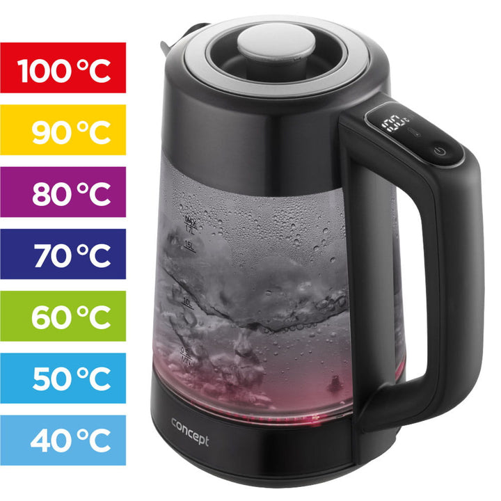 Hervidor eléctrico de vidrio Concept, capacidad 1,7 l, potencia 1850-2200 W, color negro, conector Strix, regulación de temperatura, control digital, RK4195