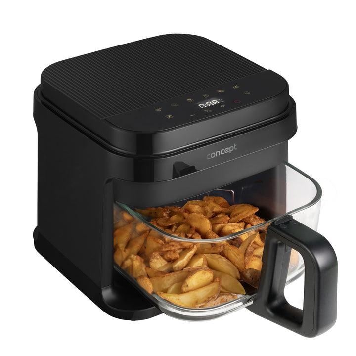 Freidora sin aceite Concept Glass&Fast, capacidad 5,5 l, 7 programas, pantalla LED táctil, modo de fritura saludable, recipiente de cristal, FR5500