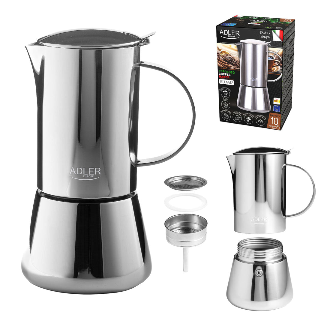 Cafetera Adler, cafetera espresso, capacidad 620 ml, color acero plateado, AD 4417