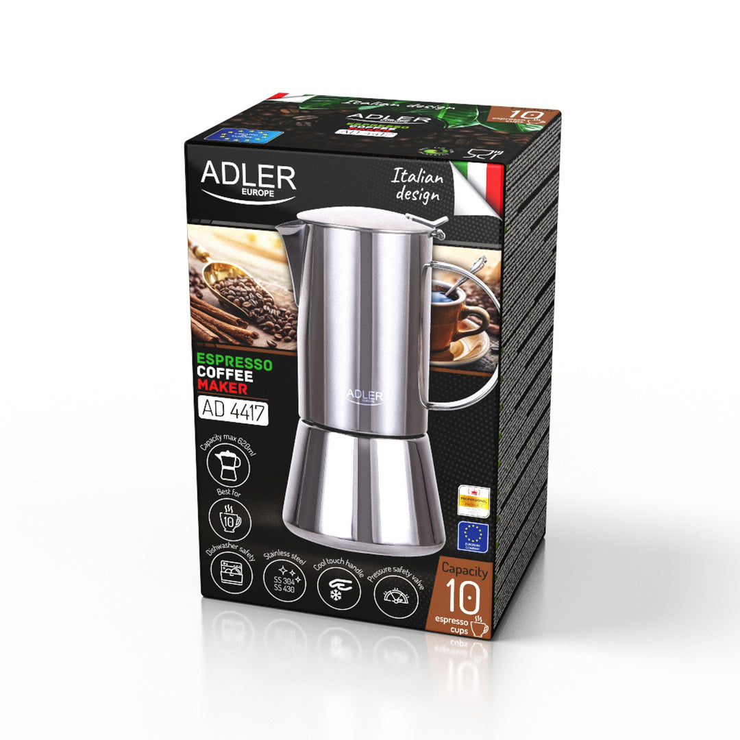 Cafetera Adler, cafetera espresso, capacidad 620 ml, color acero plateado, AD 4417