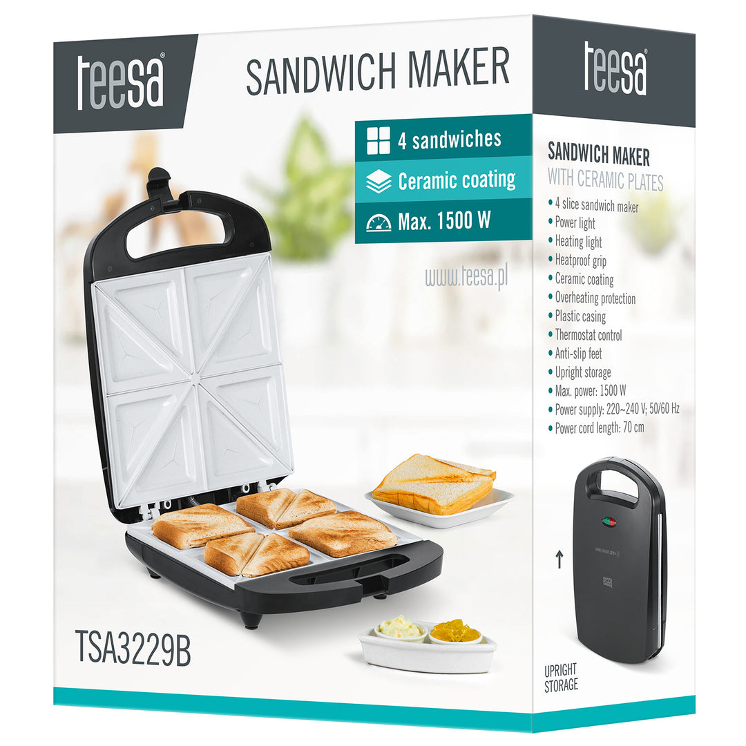 Tostadora de sándwiches Teesa, placas cerámicas, para 4 sándwiches, potencia máxima 1500 W, TSA3229B